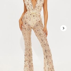 Fashion Nova Beige Floral Lace Jumpsuit